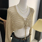 Crochet Crop Tie Front Cardigan Women Long Sleeve Sheer OpenKnit Bolero Shrug Top Summer Beach Bikini Cover Up Y2K Outfit - Matrix Studios
