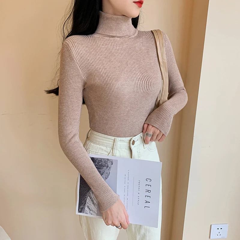 2026 Autumn Winter Women Long Sleeve Knitted Foldover Turtleneck Ribbed Pull Sweater Soft Warm Femme Jumper Pullover Clothes - Matrix Studios