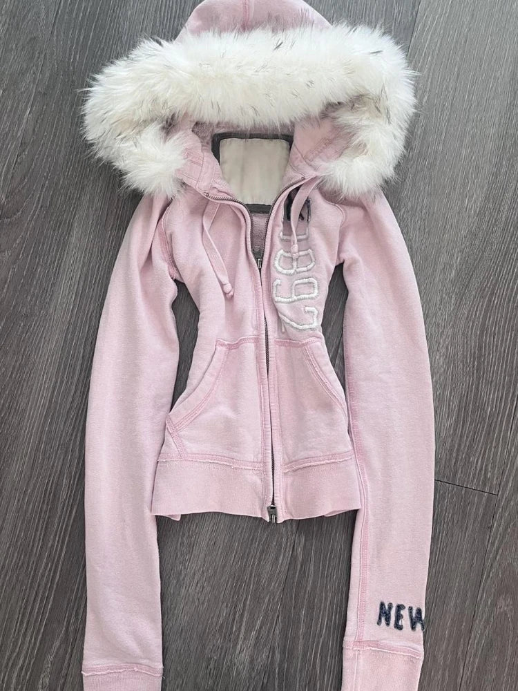 American Vintage Pink Furry Hoodie Women Y2K Harajuku Faux Fur Collar Jacket Fashion Slim Waist Belted Hot Girl Sweatshirt New - Matrix Studios