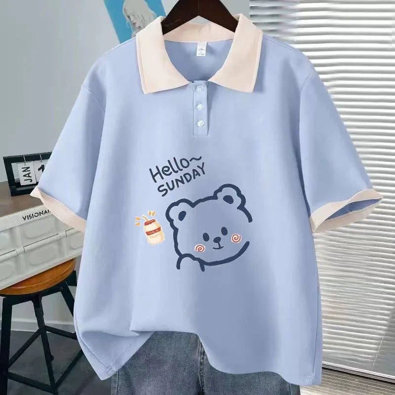 Fashion Polo Neck Short Sleeved T-shirt Cute Teddy Bear Loose Top Women Casual Tee - Matrix-studios.com
