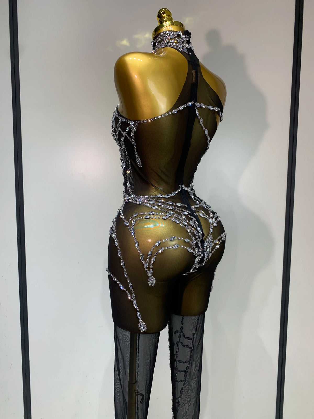 STOCK Sparkly Diamond Women Sexy Mesh Jumpsuit Nightclub Bar Party Show Gogo Dancer Clothing Drag Queen Outfit Stage Costume - Matrix Studios