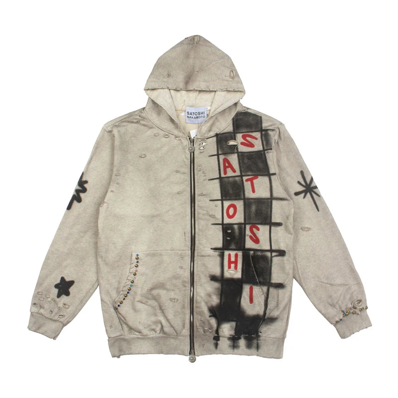 2026 New SATOSHI NAKAMOTO Men Women Zip Hoodie Distressed Ripped Checkered Graffiti Star Rhinestone Street Jacket - Matrix-studios.com