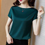 Office Lady Tops Summer Short Sleeve O-Neck Blouses Satin Blouse Women Shirts Simple Solid Casual Loose Shirt Blusas DF4904 - Matrix-studios.com