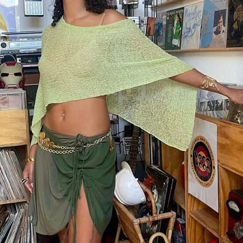 Boho Beach Vacation Cover-ups Irregular Knitted Crop Tops Y2k Aesthetic Vintage Smocked T-shirt Summer Going Out Pullovers Tees - Matrix Studios