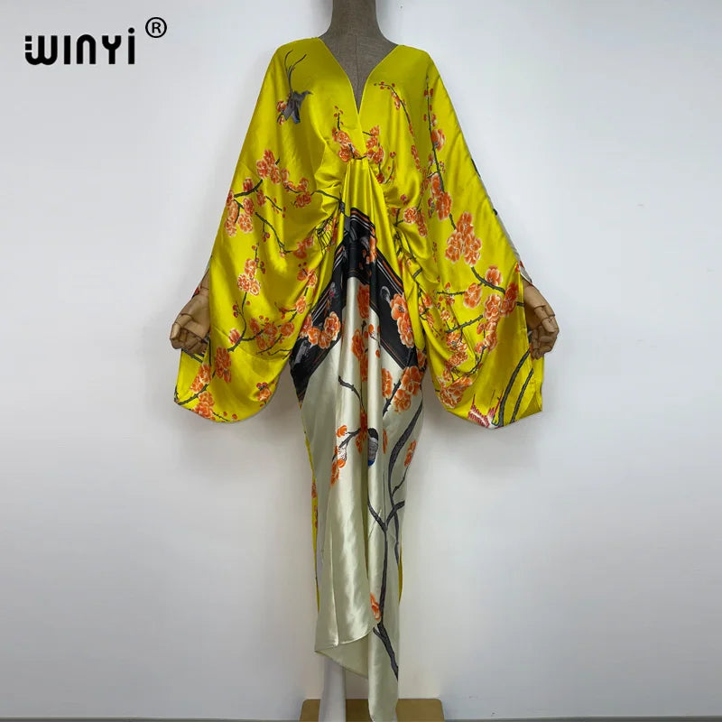 WINYI New Fashion Bohemian Deep V-neck Floral European For Lady Free Size Loose Batwing Holiday Beach Cover Up Party Kaftan Dres - Matrix Studios