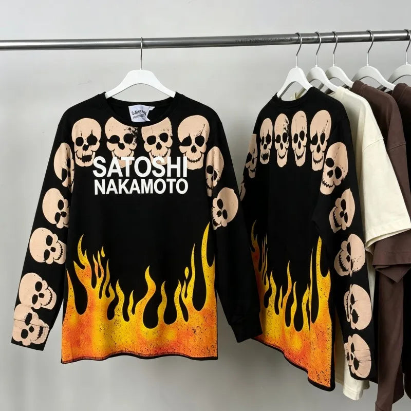 2XL Vintage Flame String Skull Print Washed Black Satoshi Long Sleeved Tshirts Men Women Round Neck Pullover Loose Street Outfit - Matrix-studios.com