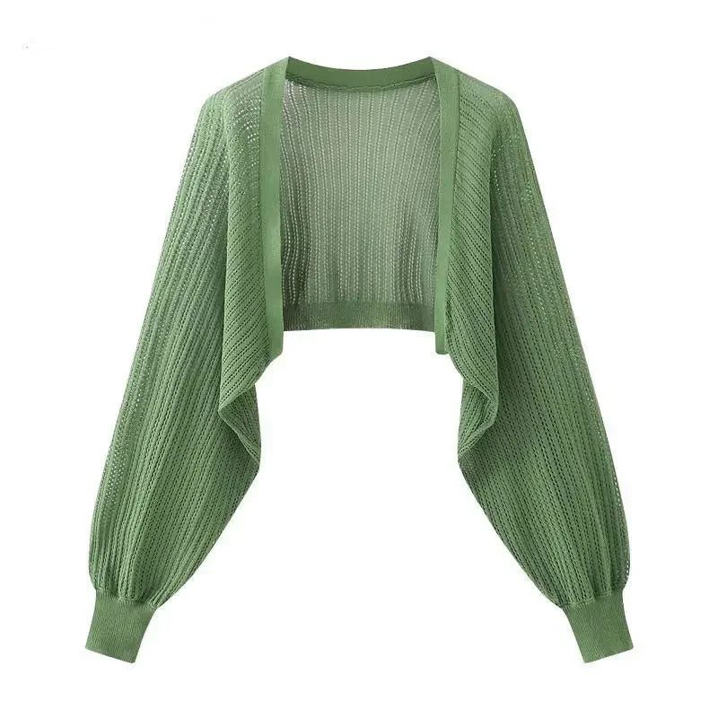 Open Front Pointelle Knitted Cardigan Women Bolero Crop Top Spring Summer Lightweight Blouse Cover Up Openwork Shawl Outfit - Matrix Studios