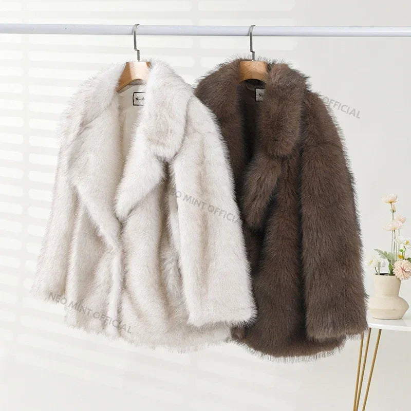 Neo Mint 2024 Winter Ins Hot Fashion Girls Oversized Gradient Fur Coat Women Thick Warm Outerwear Fluffy Faux Fox Fur Jacket - Matrix Studios