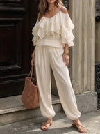 Pants Set Off Shoulder Ruffle Layer Top Elastic Waist Loose Jogger Pants For Women Beach Vacation Daily Leisure Travel Matching Outfit - Matrix-studios.com