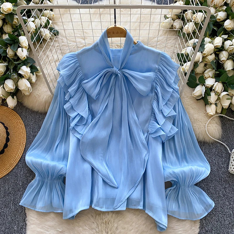 Women Spring Autumn Shirt Fashion French Retro Casual High-end Polka Dot Blouse with Bubble Sleeves Bow Design Blouse Top S263 - Matrix-studios.com