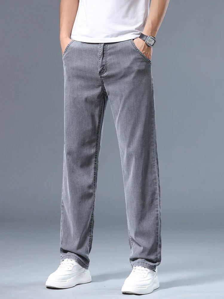 Summer Thin Men's Loose Straight Jeans Lyocell Soft Drape Business Casual Trousers Classic Smoke Gray Brand Ice Silk Pants - Matrix Studios