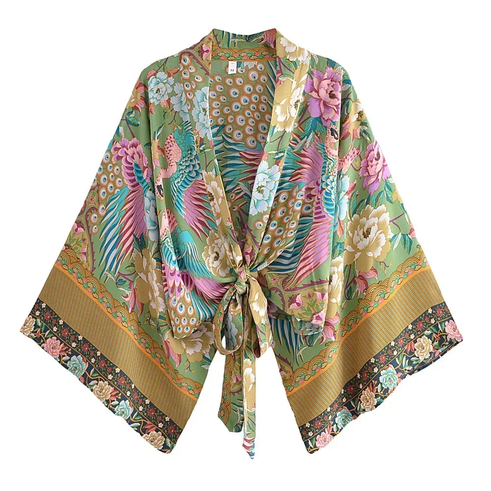 Happie Queens Floral Print Sashes Short  Kimono Women Fashion V Neck Batwing Sleeves Robe Lady Boho Bikini Cover-ups - Matrix Studios