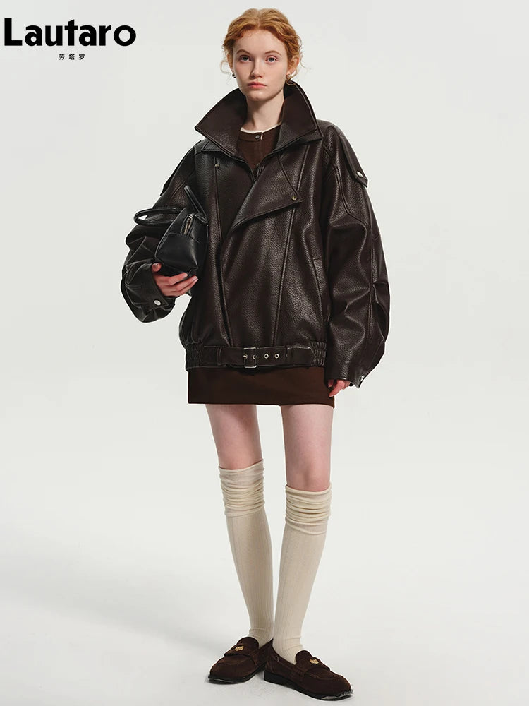 Lautaro Spring Autumn Cool Brown Oversized Pu Leather Jacket Women Long Sleeve Zip Up Luxury Designer American Retro Clothing - Matrix Studios