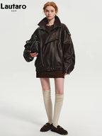 Lautaro Spring Autumn Cool Brown Oversized Pu Leather Jacket Women Long Sleeve Zip Up Luxury Designer American Retro Clothing - Matrix Studios