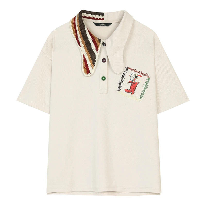 ELFSACK Asymmetric Crochet Collar Polo Shirt with Cartoon Embroidery for Women - Matrix-studios.com