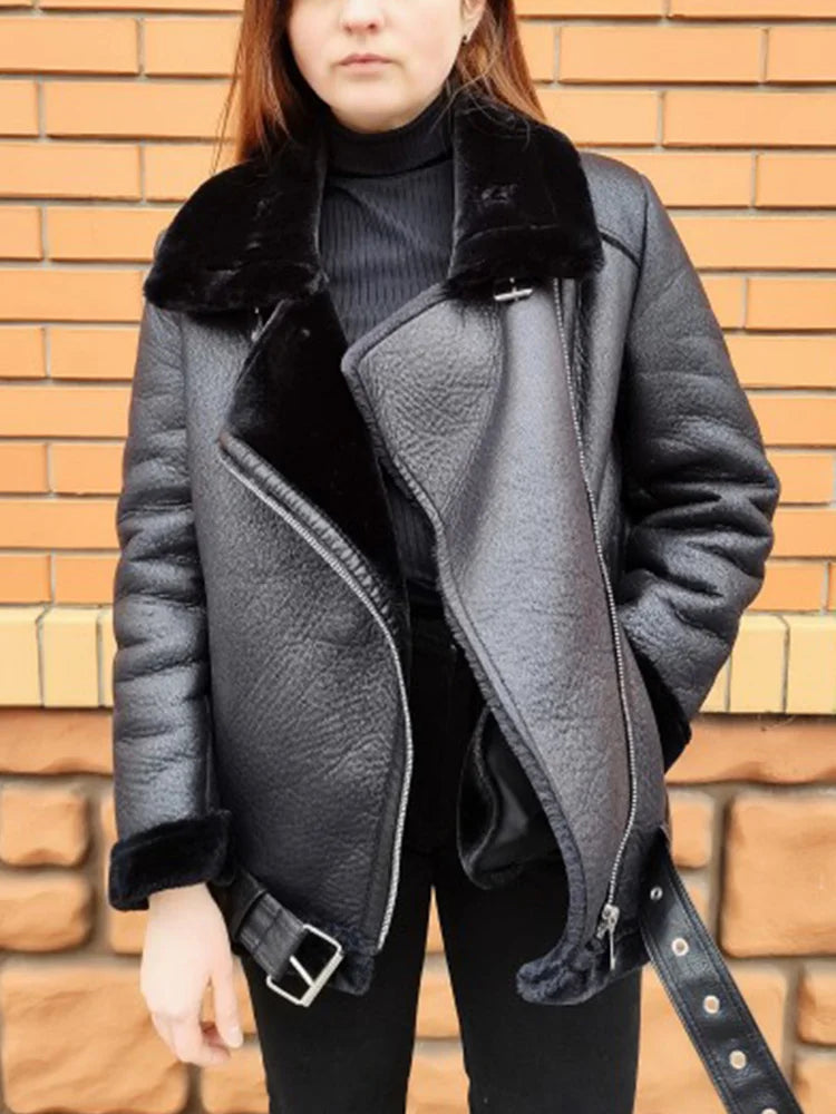 Ailegogo Winter Coats Women Thickness Faux Leather Fur Sheepskin Female Fur Leather Jacket Aviator Outwear Casaco Feminino - Matrix Studios
