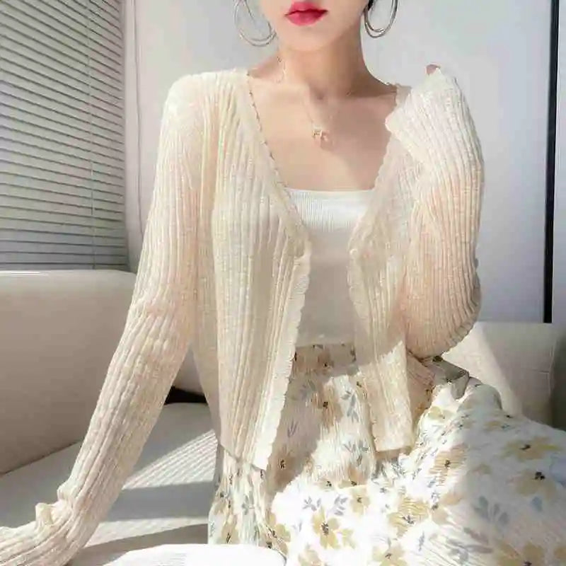 AOSSVIAO 2026 Spring Summer Ice Silk Knitted Thin Women's Cardigan French Style Sun Protection Shawl Sweater Coat Knit Crop Tops - Matrix Studios