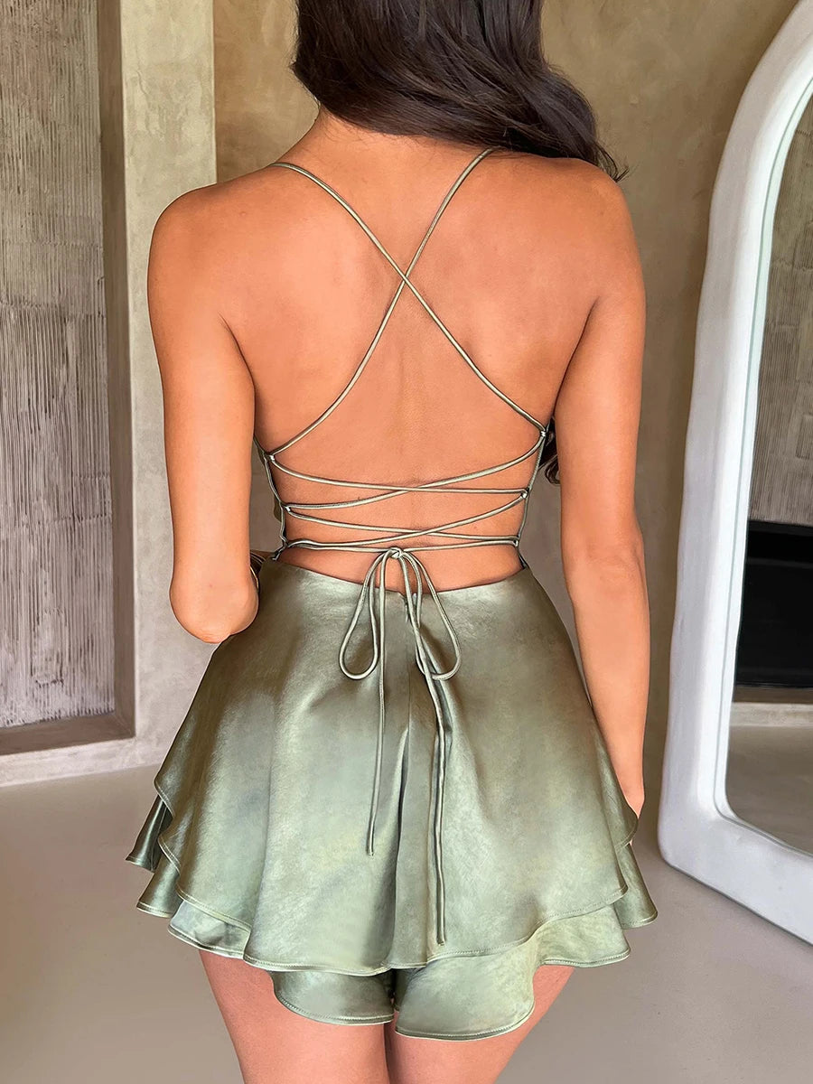 Women Sleeveless Satin Playsuits Fashion Summer Short Sling Backless Jumpsuits Cross Tie-Up Bandage Romper Streetwear Outfit - Matrix Studios