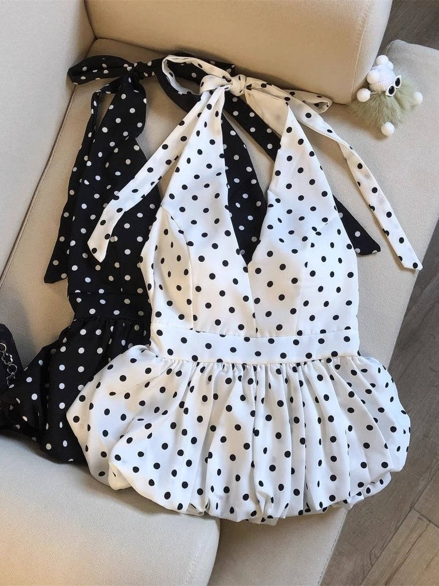 Backless Sexy Halter Beach Babydoll Crop Tops Women Polka Dots V Neck Sleeveless T Shirt Ruffles Basic Tees Not-Padded Pad - Matrix-studios.com