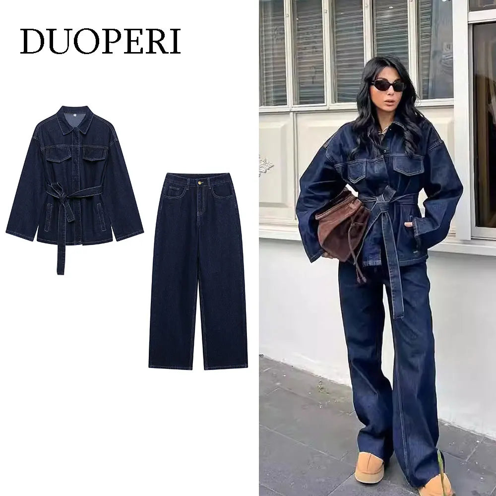 DUOPERI Women Fashion 2 Pieces Sets With Belt Denim  Jackets & Vintage Front Zipper Jeans Trousers Feamle Chic Lady Pants Sets - Matrix-studios.com