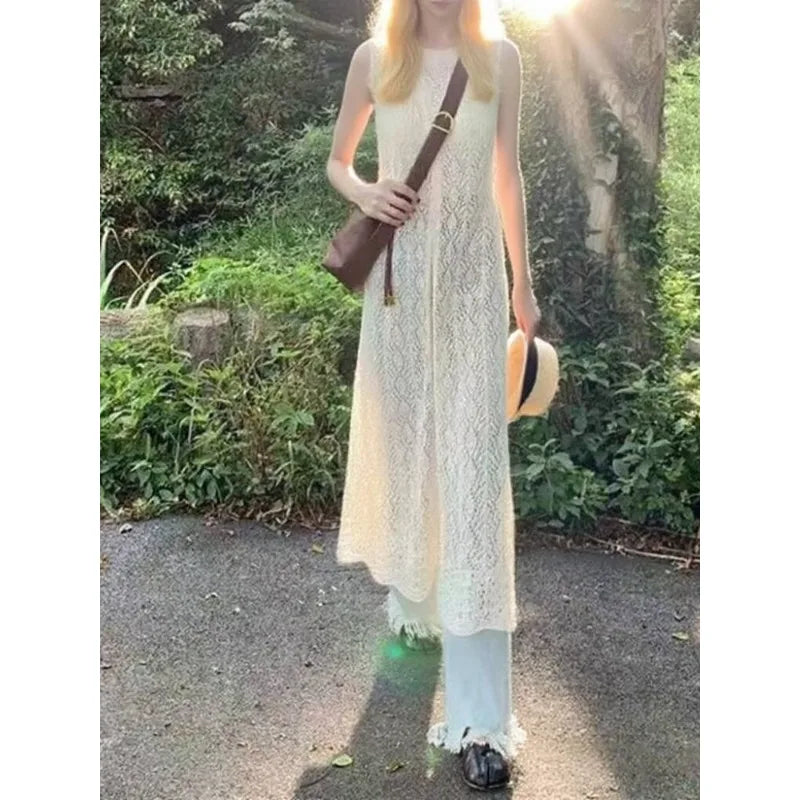 Summer vintage hollowed out knitted cardigan sleeveless lace sun protection cover Korean version elegant solid color outfit6863 - Matrix Studios