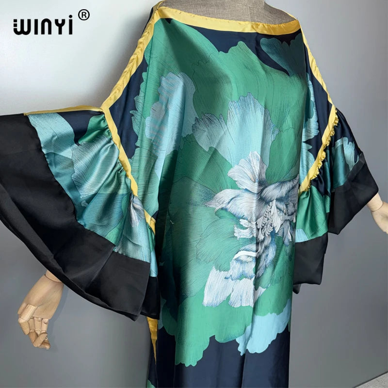 WINYI Summer Puff(ed) Sleeves Evening Dress Abaya Dubai Luxury Female Loose Print Kaftan Muslim Woman Clothing Beach Dress - Matrix-studios.com