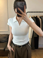 Cotton Summer Sexy Women's T Shirt Skinny Slim Basic Solid Crop Top Short Sleeve Polo TShirtCasual Top Tee for Women - Matrix-studios.com