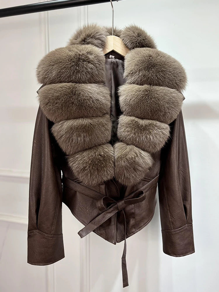 Janveny Huge Big Natural Fox Fur 2025 New Autumen Winter Pu Faux Leather Jacket Women Casual Female Lapel Zipper Motorcycle Coat - Matrix Studios