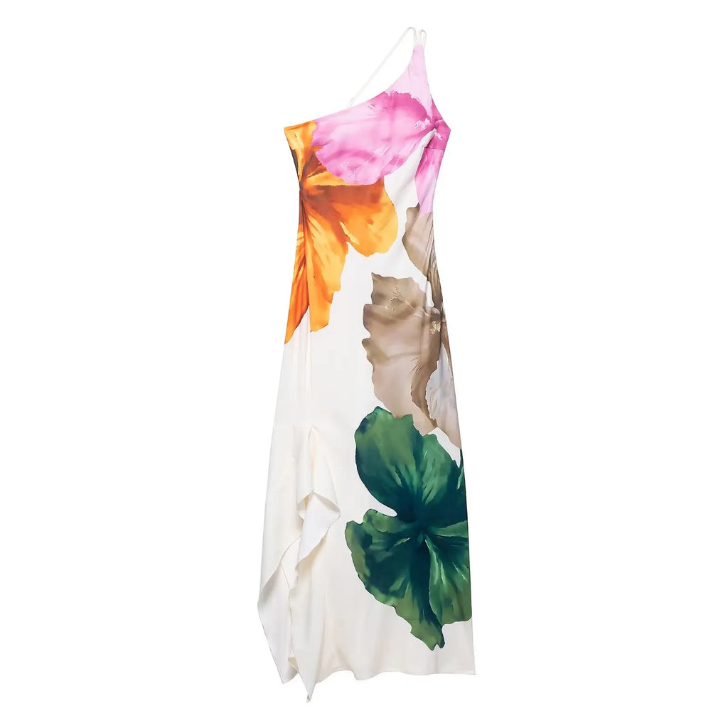 Zevity Women Sexy Single Shoulder Floral Print Slim Long Dress Female Chic Backless Side Zipper Brand Party Vestidos DS9198 - Matrix-studios.com