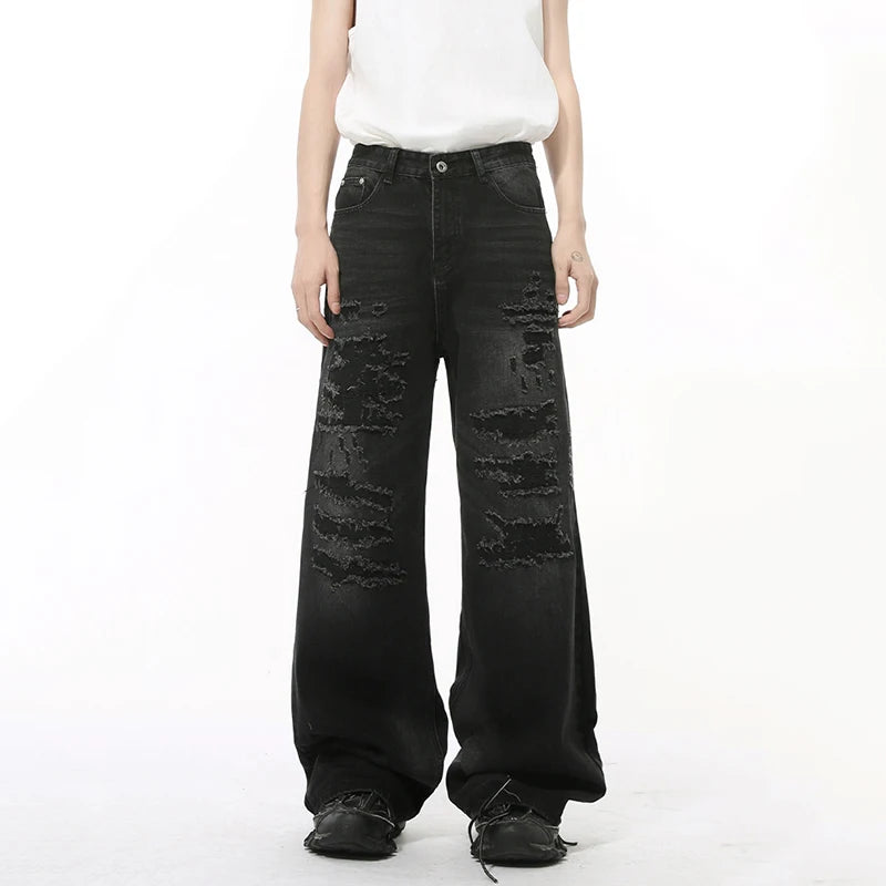IEFB High Street Men's Denim Pants Hole Worn-out Streetwear Trousers Straight Wide Leg Casual Male Jeans New Autumn 2024 9C8513 - Matrix Studios