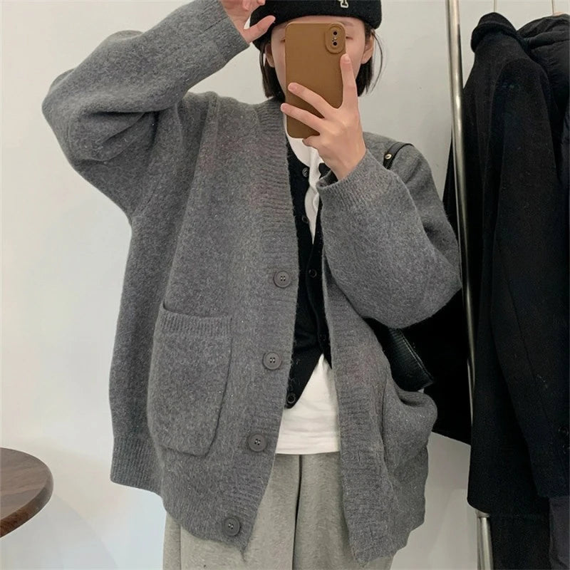 2024 Chic Yellow Sweater Cardigan Women Lazy Wind Single-Breasted Knitted Cardigan Women Solid V Neck Cardigans Female - Matrix Studios