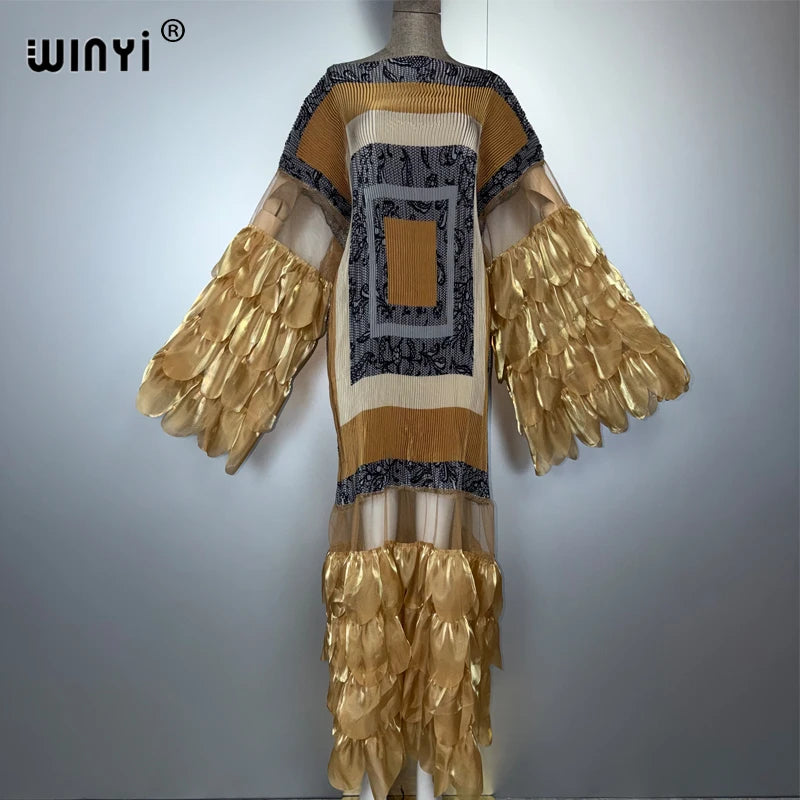 WINYI Pleated Elastic loose dress beach cover up kaftan abaya dubai luxury party dress fashion evening dress abaya muslim woman - Matrix-studios.com