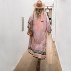 2025 Bikini Cover-ups Pink Boho Print Self Belted Front Open Long Kimono Dress Beach Tunic Women Swim Suit Cover Up Dress - Matrix Studios