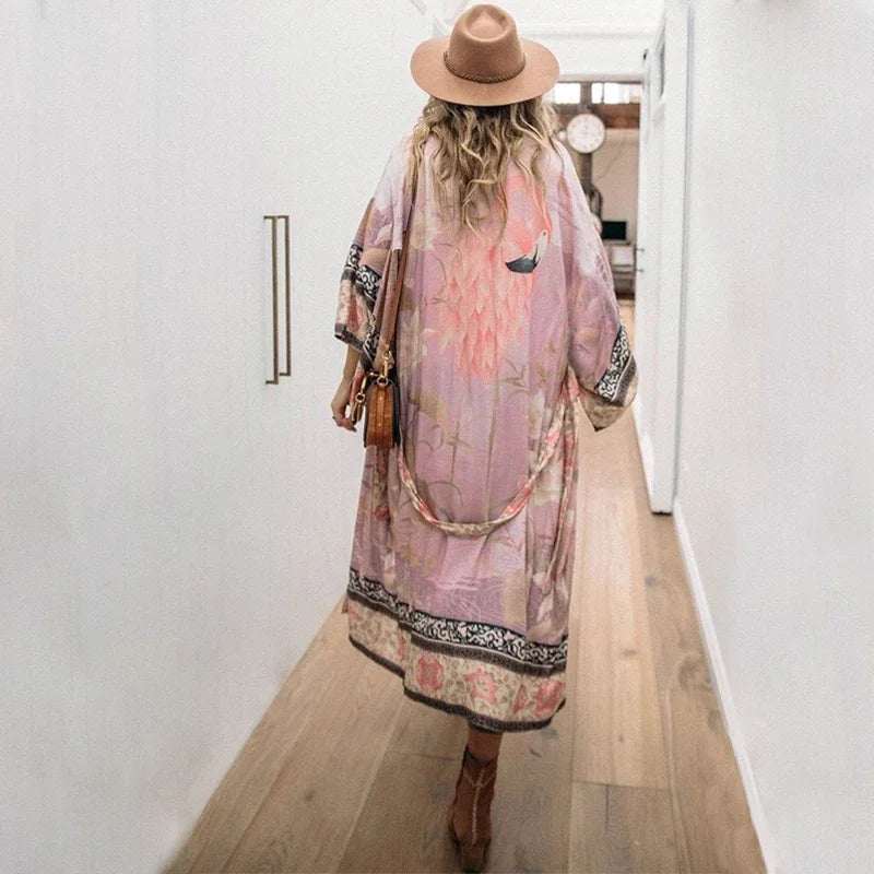 2025 Bikini Cover-ups Pink Boho Print Self Belted Front Open Long Kimono Dress Beach Tunic Women Swim Suit Cover Up Dress - Matrix Studios
