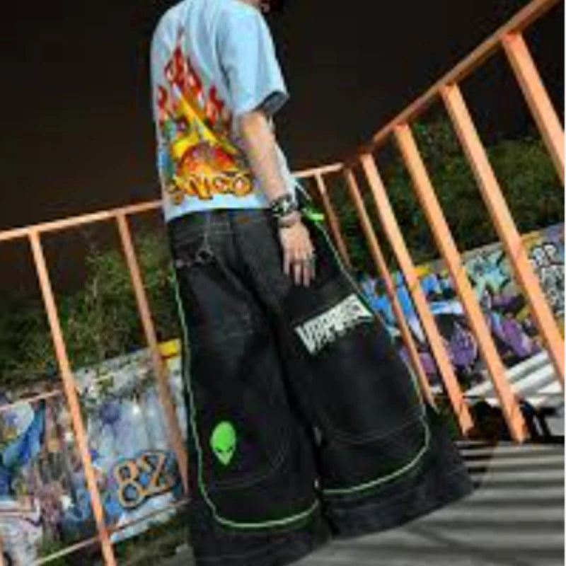 2025 European and American autumn winter jeans casual wide-leg Harajuku alien pattern trousers hip-hop high street gothic jeans - Matrix Studios