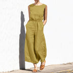 Cotton And Linen Jumpsuit Women Solid Color Sleeveless Pocket High Waist Wide Legs Jumpsuits Casual Commuting Ladies Bodysuits - Matrix Studios