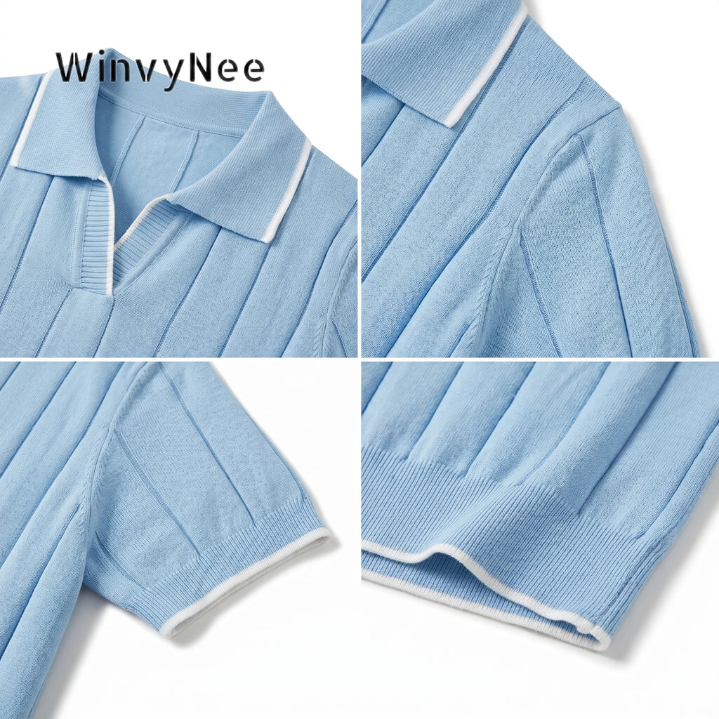 WinvyNee Summer Short Sleeve Women's Solid Polo Collar T-Shirt Casual Cotton Tops Women Clothing Y2k Elegant Knitted A1092079 - Matrix-studios.com