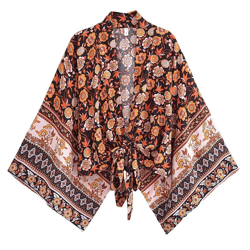 Happie Queens Floral Print Sashes Short  Kimono Women Fashion V Neck Batwing Sleeves Robe Lady Boho Bikini Cover-ups - Matrix Studios