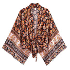 Happie Queens Floral Print Sashes Short  Kimono Women Fashion V Neck Batwing Sleeves Robe Lady Boho Bikini Cover-ups - Matrix Studios