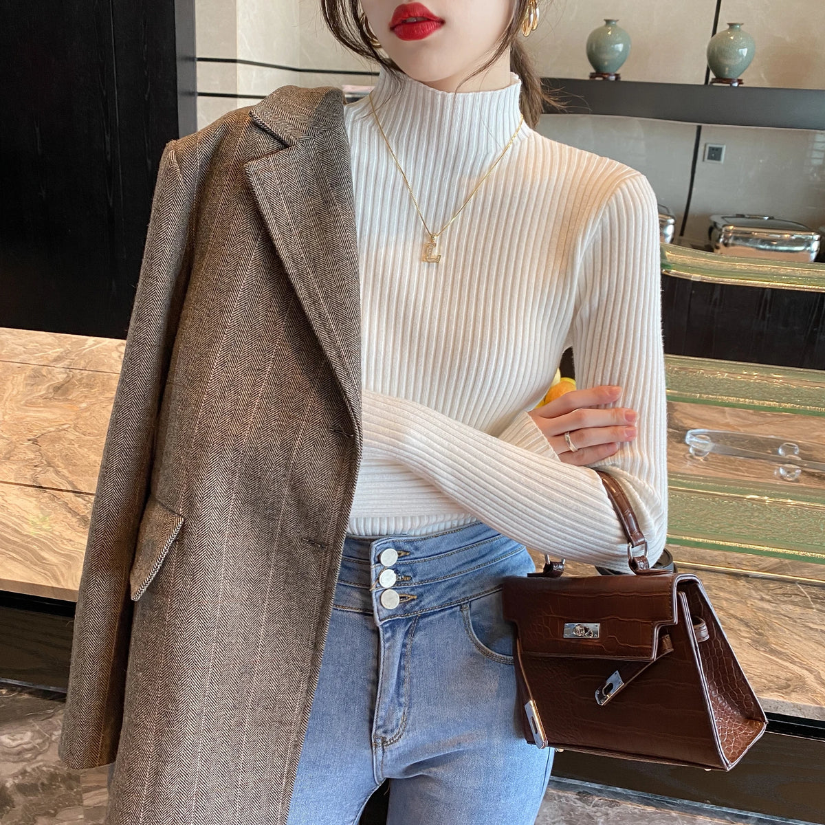 Winter Long Sleeve Mock Neck Knitted Women Sweater Pullover Slim Knit Sweater Women Tops Blusas Mujer De Moda 2024 Blusa J995 - Matrix Studios