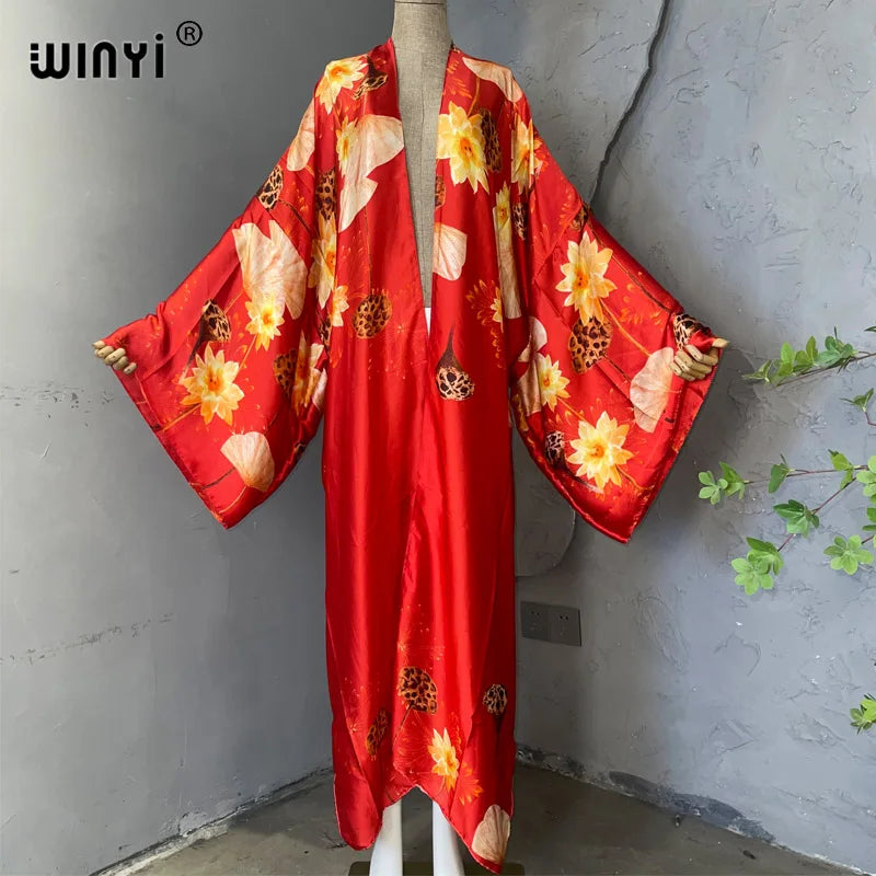 WINYI 2026 Summer Women Cardigan stitch Cocktail sexy Boho Maxi African Holiday Batwing Sleeve Silk feeling Robe kimono kaftan - Matrix Studios
