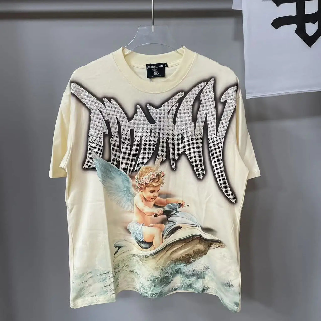 MIXED EMOTION Shirt Rhinestone Short Sleeve Men Women T-shirt Streetwear 100% Cotton Loose Round Neck Top Tees Oversized Tee Top - Matrix Studios