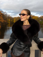 Black Faux Fur Collar Leather Jacket Elegant Lapel V-neck Waist Cinching Long-sleeved Short Coats Lady Winter Commute Coat 2026 - Matrix Studios