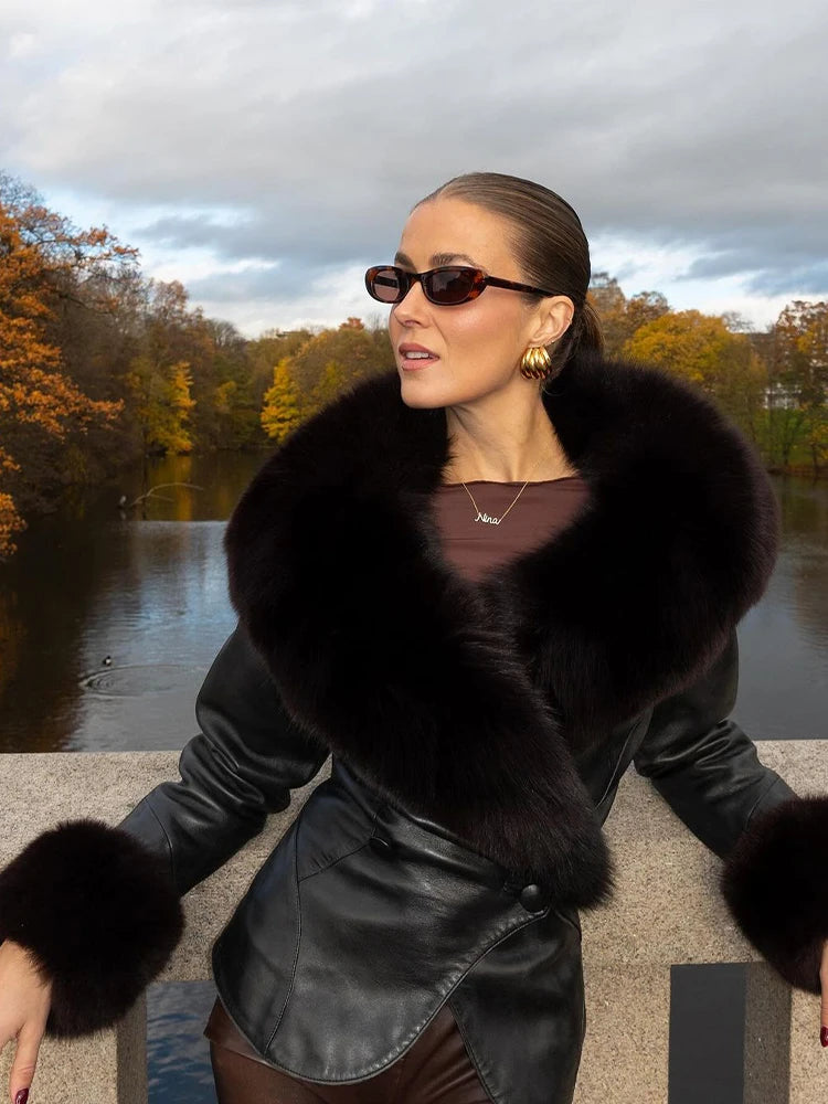 Black Faux Fur Collar Leather Jacket Elegant Lapel V-neck Waist Cinching Long-sleeved Short Coats Lady Winter Commute Coat 2026 - Matrix Studios