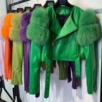 Leather Jacket Factory Ladies Short Leather Jacket Real Fox Fur Sleeve Coat Women Autumn 21001 - Matrix Studios