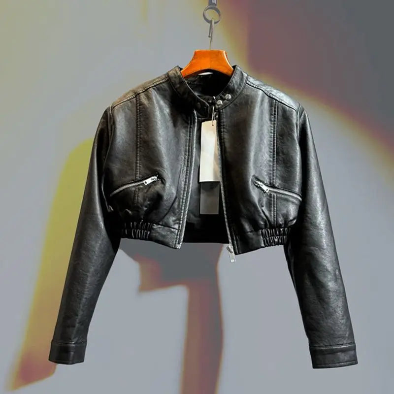 2025 Autumn New Handsome Versatile Short Motorcycle Jacket Top High Waist PU Leather Jacket for Women  Faux Fur Coat - Matrix Studios
