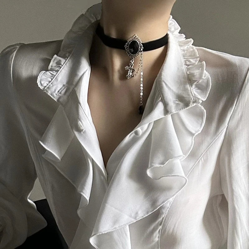Deeptown White Ruffles Elegant Vintage Women Blouses Black Y2k Victorian Gothic Long Sleeve Stand Collar Shirts Loose Preppy - Matrix-studios.com