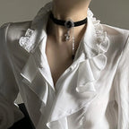 Deeptown White Ruffles Elegant Vintage Women Blouses Black Y2k Victorian Gothic Long Sleeve Stand Collar Shirts Loose Preppy - Matrix-studios.com