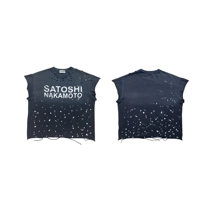 Premium Heavy Cotton Men Sleeveless T Shirt Satoshi Nakamoto Ripped Splatter Drawstring Loose Vintage Tank - Matrix-studios.com