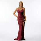 BABYONLINE Sparkly Full Sequined Mermaid Eveing Dress Sexy Leg Slit Spaghetti Straps V Neck Prom Dresses Long Luxury Wedding Party Dress - Matrix-studios.com
